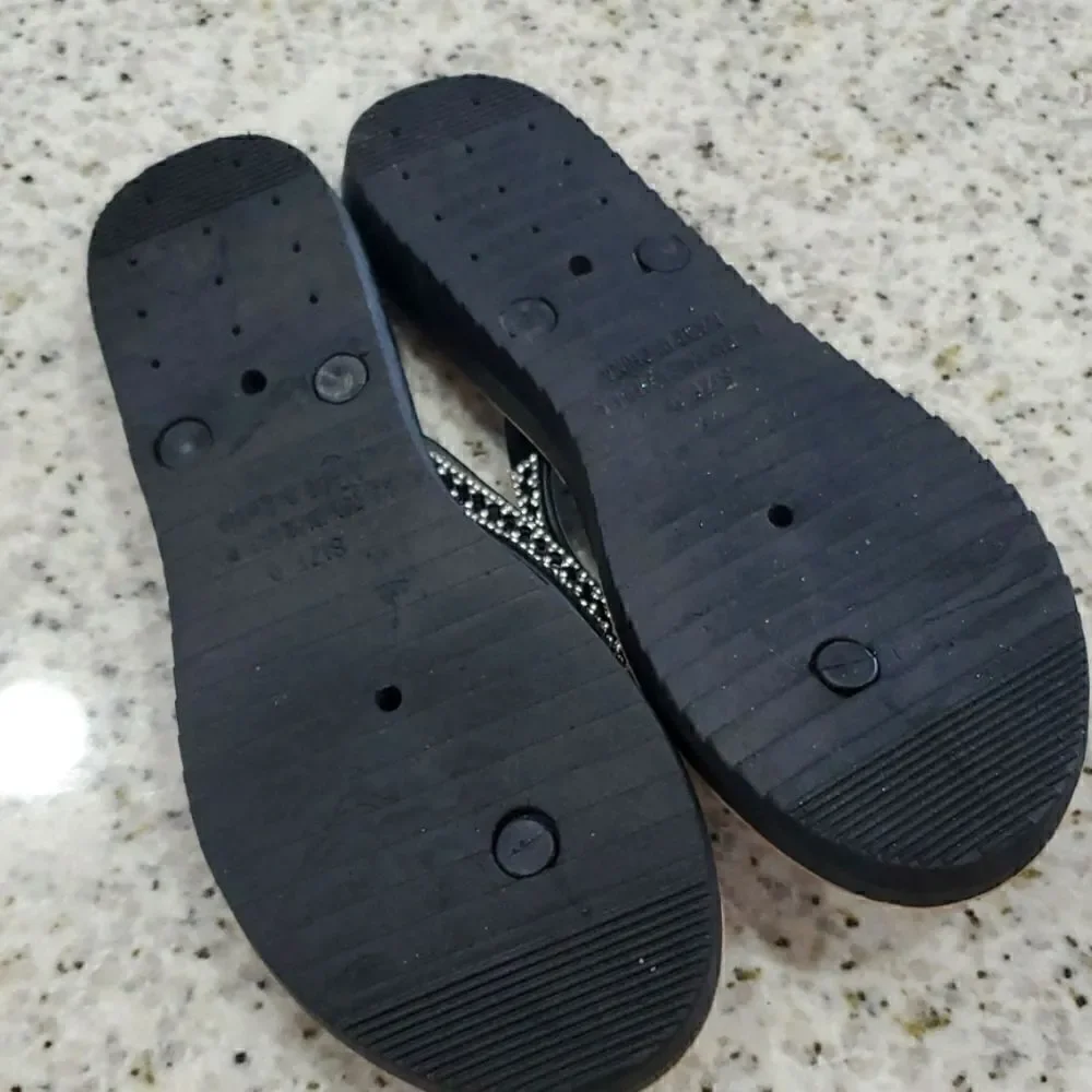 Just Be Black and Silver Rhinestone Flip Flops, Size 9